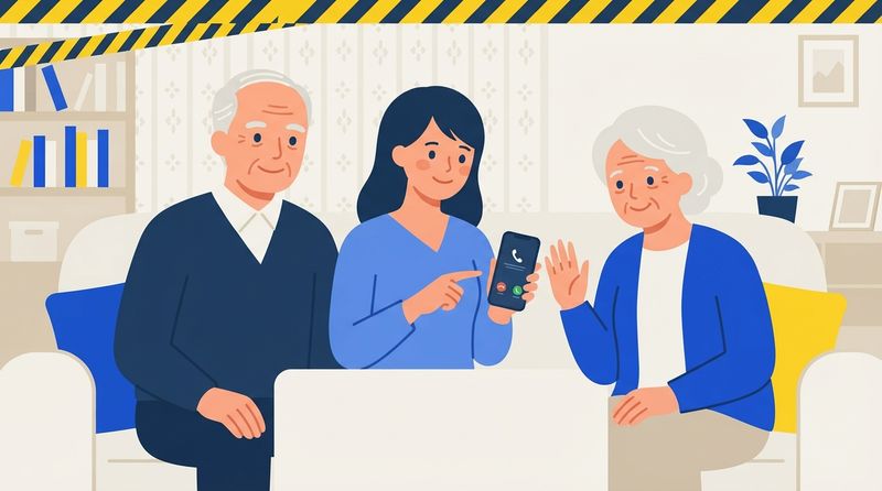 家族でスマホの着信を見ながら、「ちょっと待って」と手を上げるおばあさん